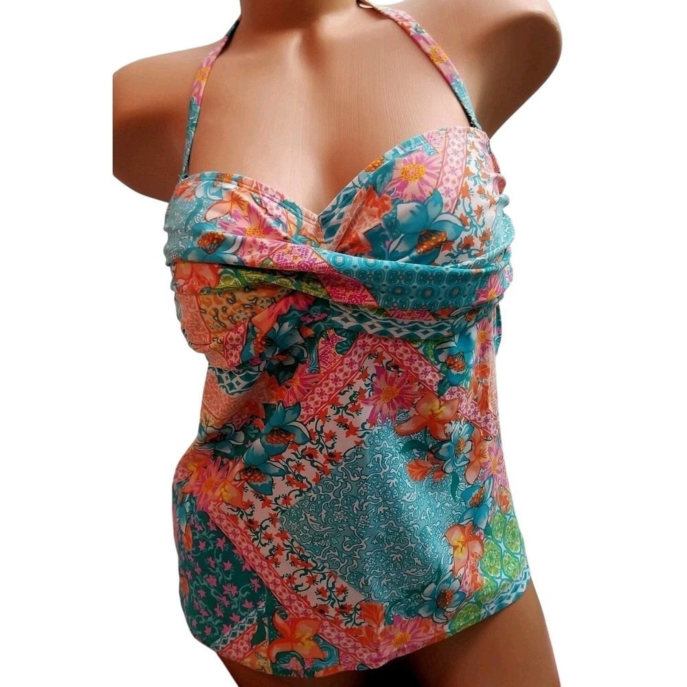 INTO THE BLEU Swim Tankini size 12 SWIMWEAR Floral Tropical Bikini Top Tank‎